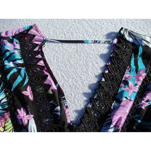 Miken Swim Kimono Cover Up Women's Med Black Floral Lace-Inset Tie-Front Sheer - Picture 13 of 16